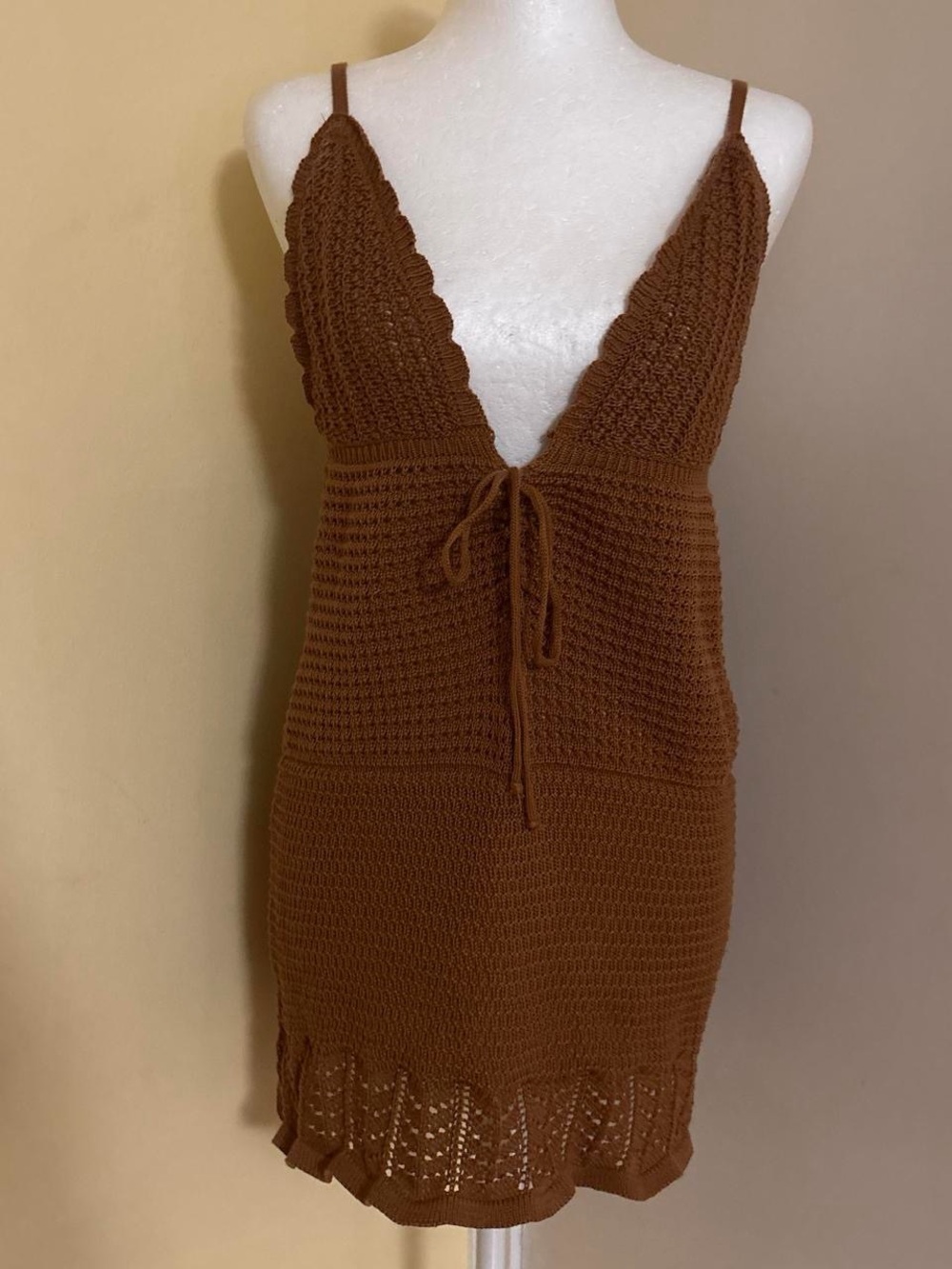 Poof N.Y Brown crochet V-neck summer mini dress with tie front